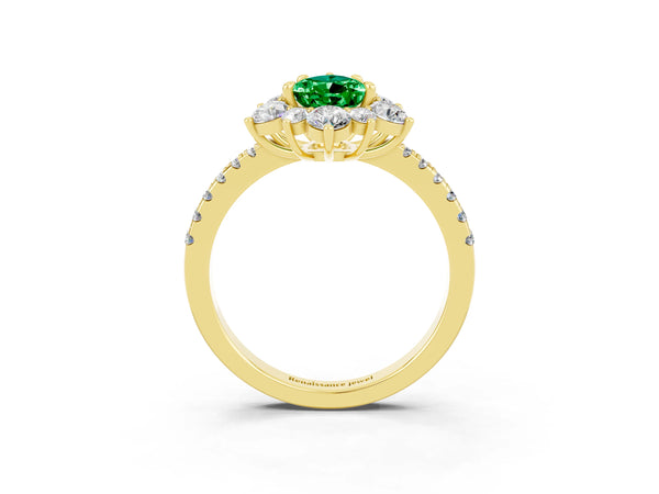 Yellow gold Pear Cut Emerald Floral Halo Ring with Round Pavé Band and Prong Setting