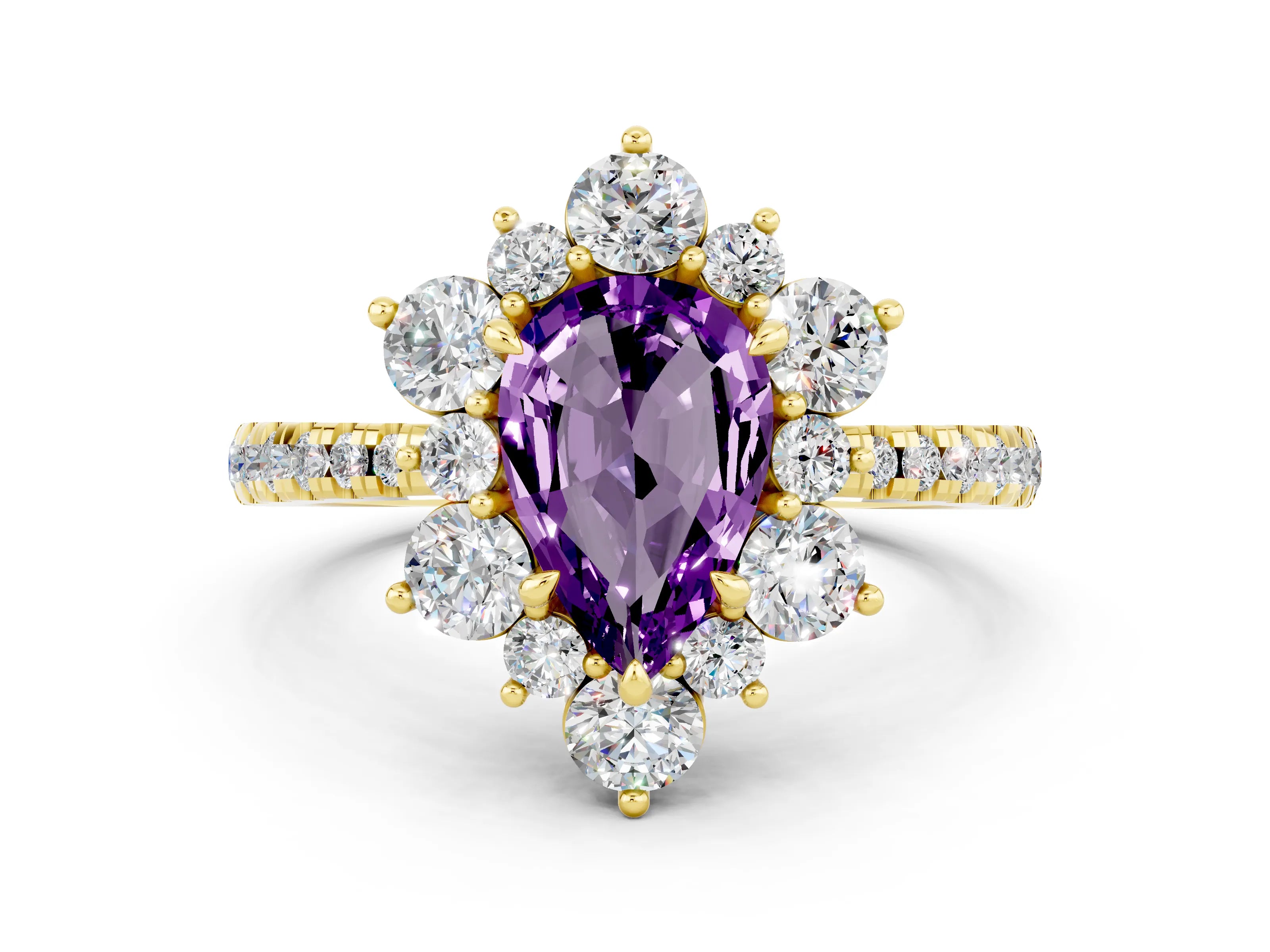 Yellow gold Pear Cut Cut Diamond Floral Halo Pave Band with Prong Setting