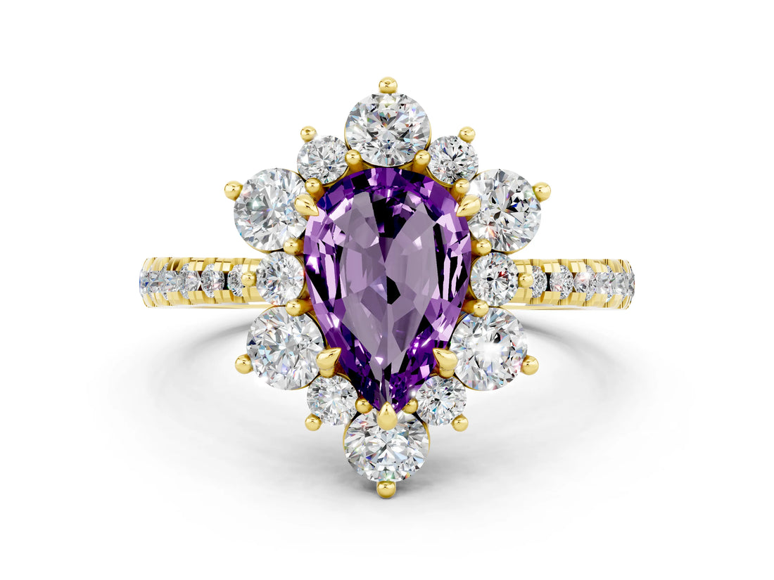 Yellow gold Pear Cut Cut Diamond Floral Halo Pave Band with Prong Setting