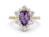 Yellow gold Pear Cut Cut Diamond Floral Halo Pave Band with Prong Setting