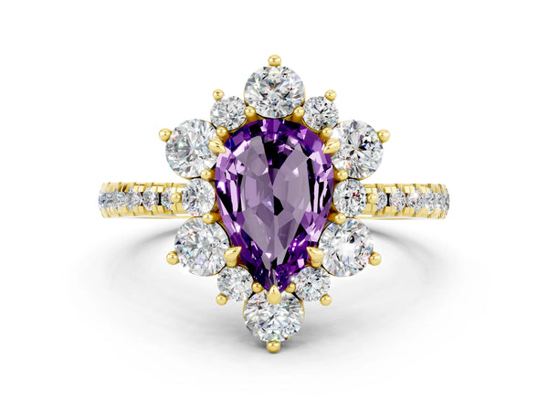 Yellow gold Pear Cut Amethyst Floral Halo Ring with Round Pavé Band and Prong Setting