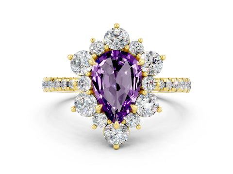 Yellow gold Pear Cut Cut Diamond Floral Halo Pave Band with Prong Setting