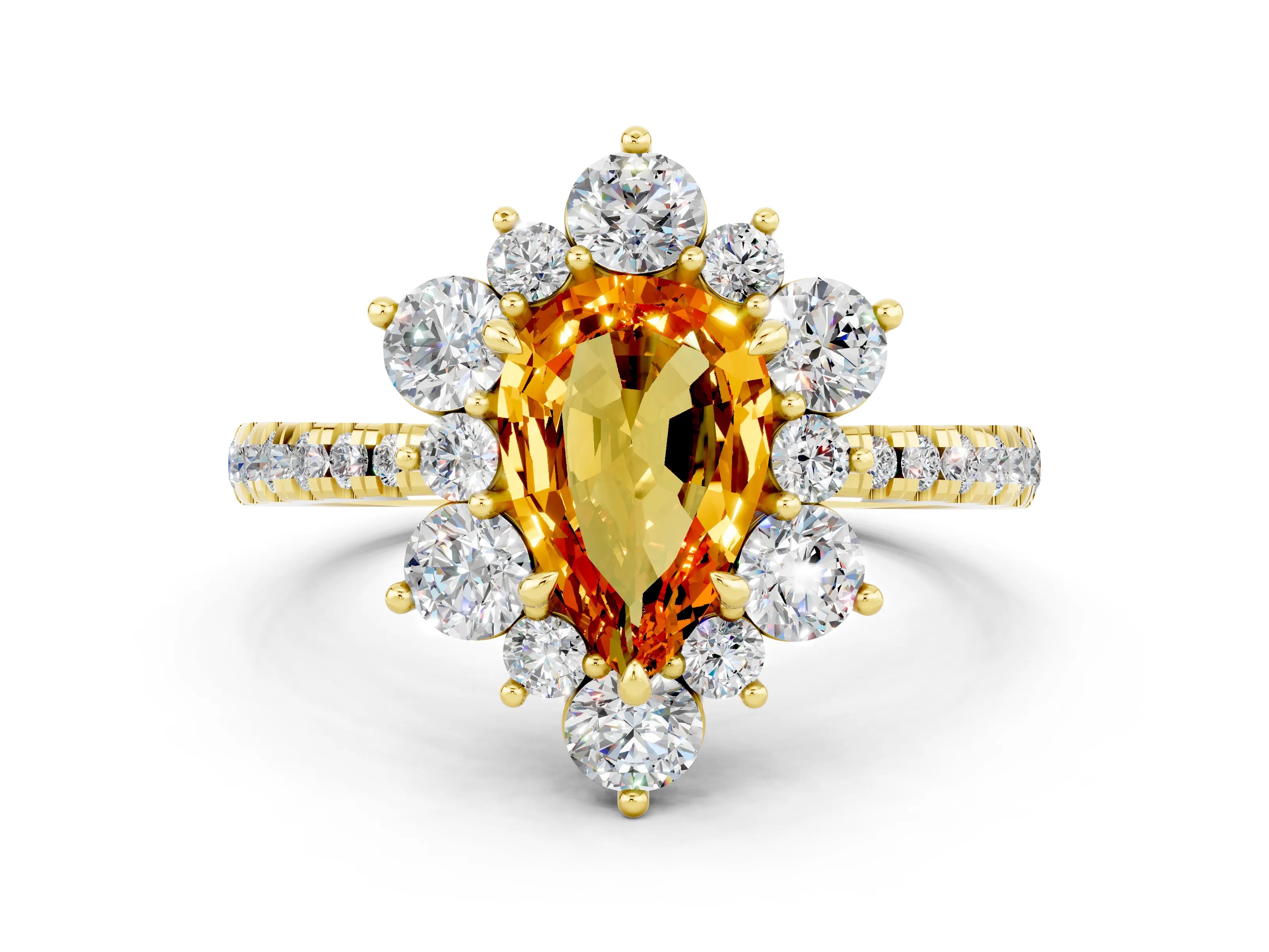 Yellow gold Pear Cut Cut Diamond Floral Halo Pave Band with Prong Setting