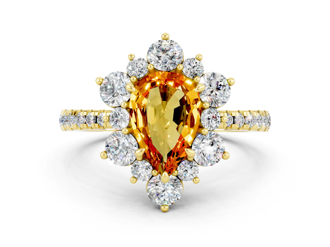 Yellow gold Pear Cut Cut Diamond Floral Halo Pave Band with Prong Setting