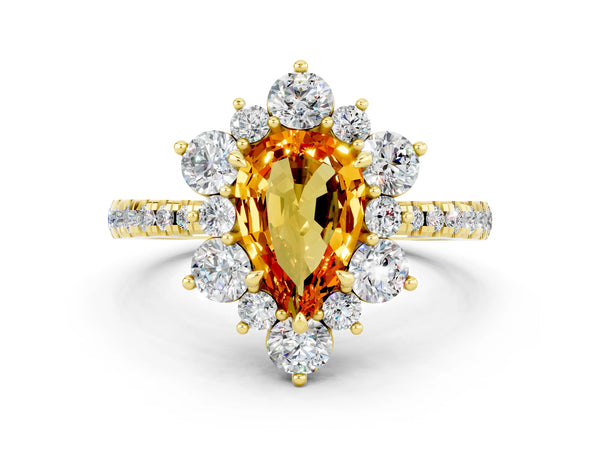 Yellow gold Pear Cut Citrine Floral Halo Ring with Round Pavé Band and Prong Setting