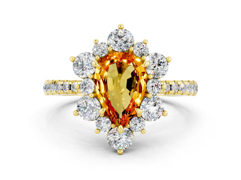 Yellow gold Pear Cut Cut Diamond Floral Halo Pave Band with Prong Setting