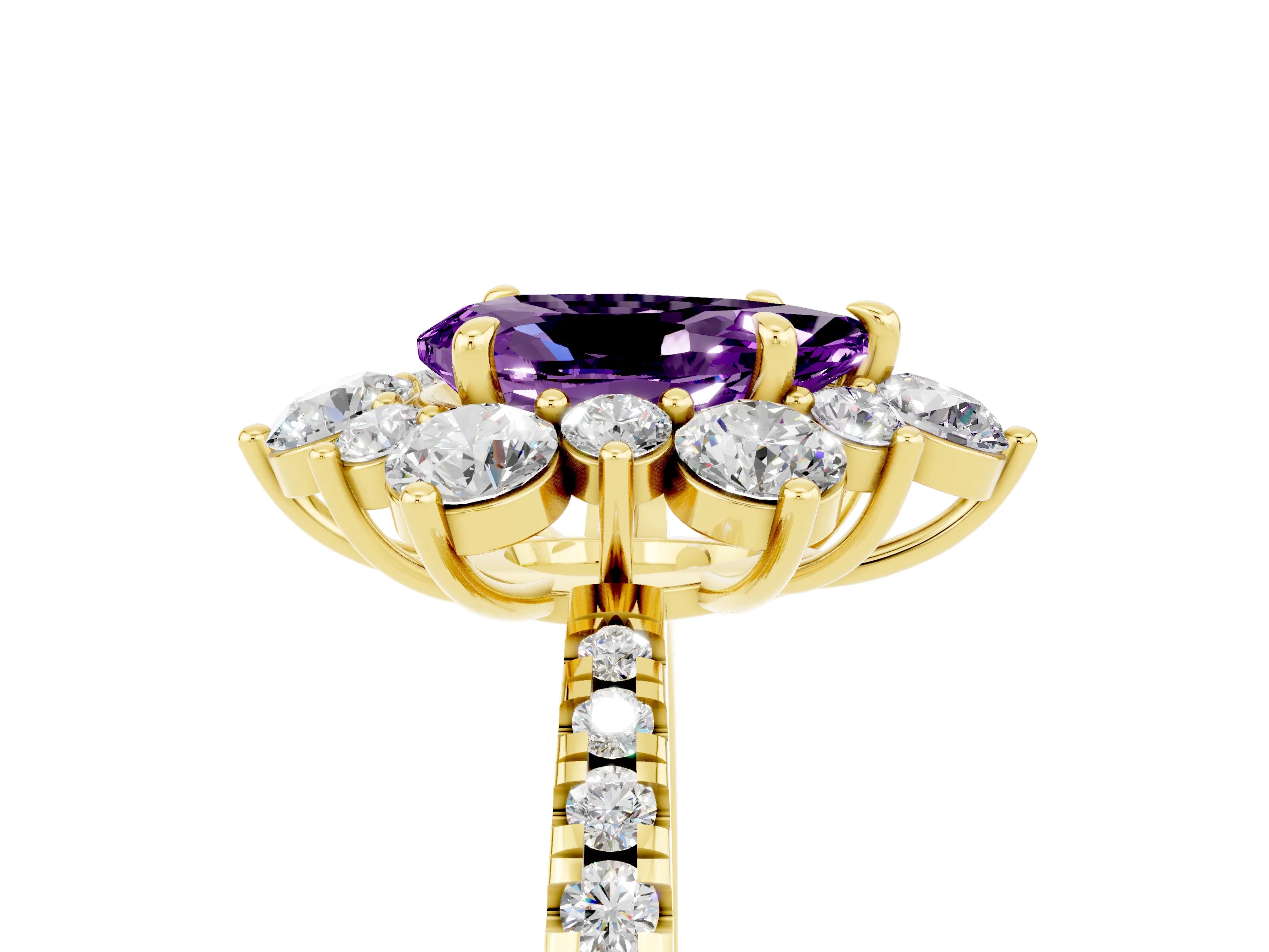 Yellow gold Pear Cut Cut Diamond Floral Halo Pave Band with Prong Setting_5