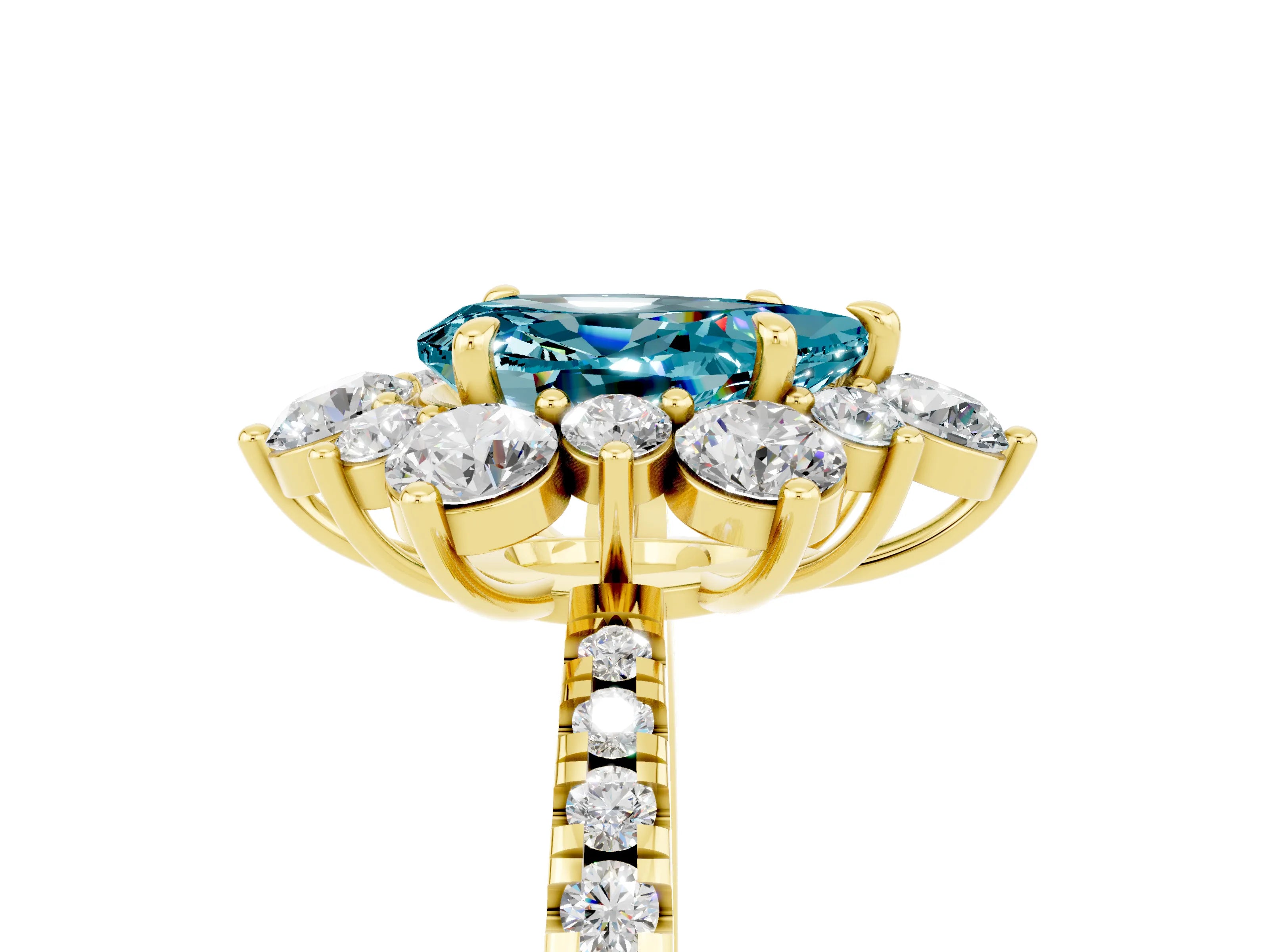 Yellow gold Pear Cut Cut Diamond Floral Halo Pave Band with Prong Setting_5
