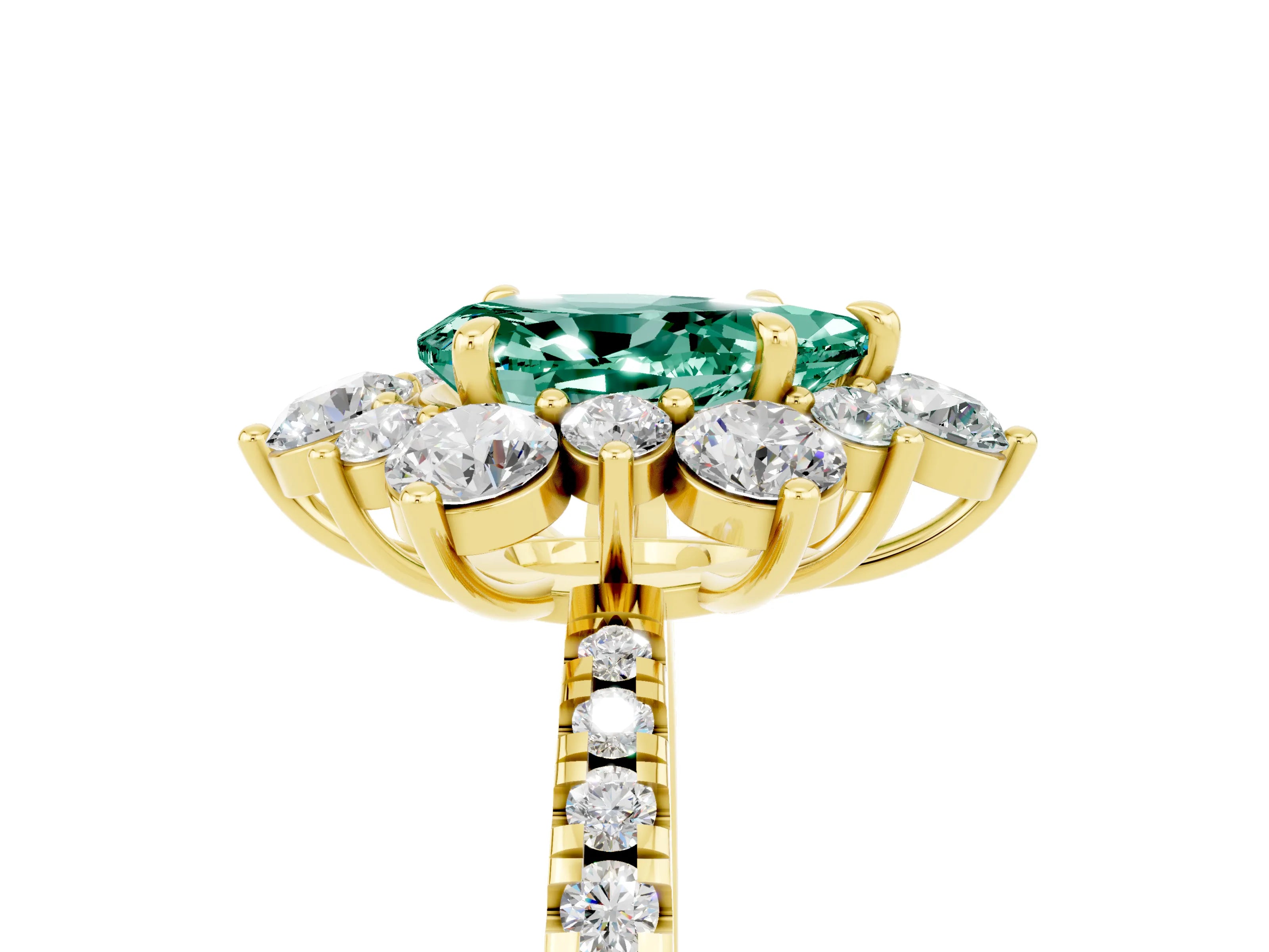 Yellow gold Pear Cut Cut Diamond Floral Halo Pave Band with Prong Setting_5