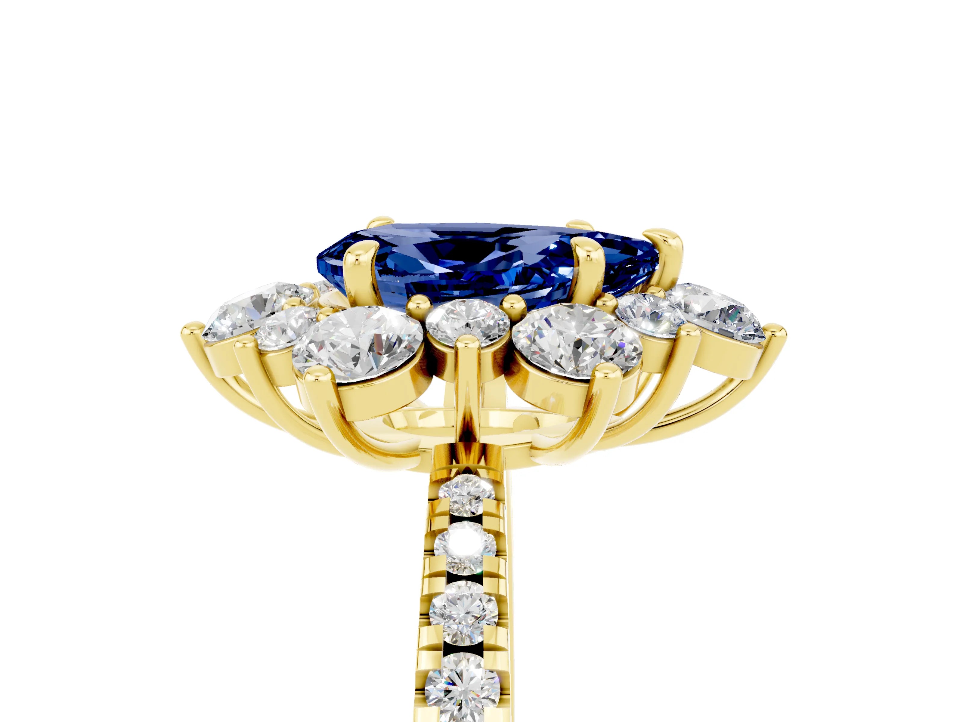 Yellow gold Pear Cut Cut Diamond Floral Halo Pave Band with Prong Setting_5
