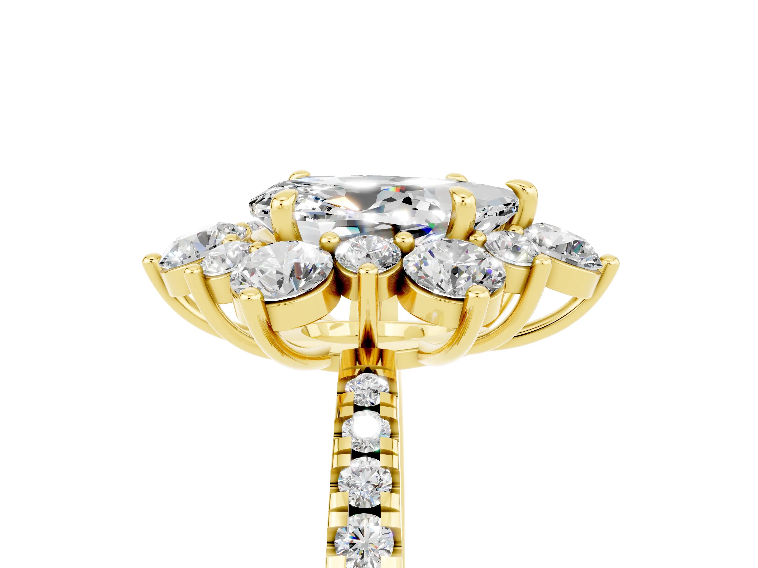 Yellow gold Pear Cut Cut Diamond Floral Halo Pave Band with Prong Setting_5