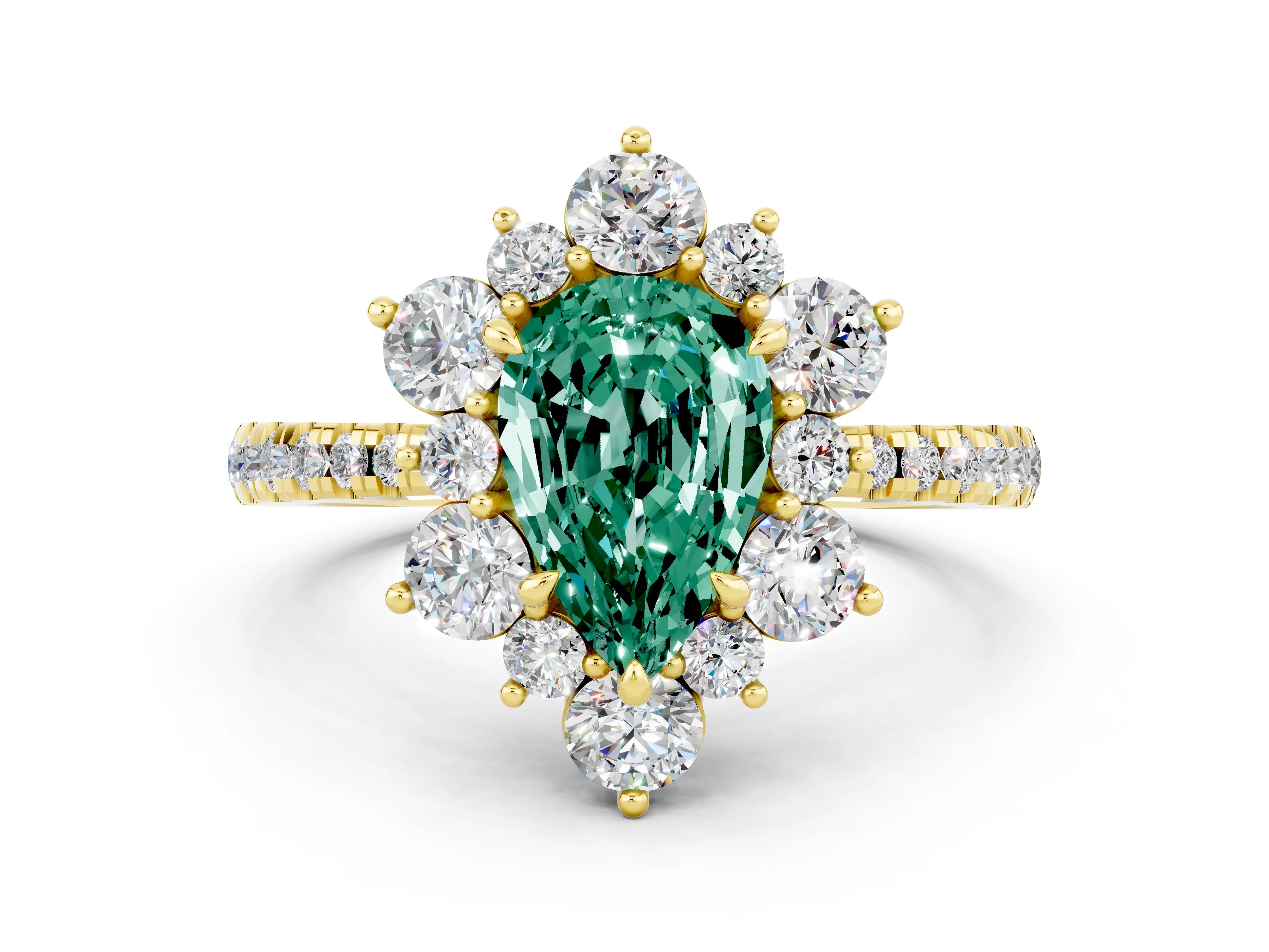 Yellow gold Pear Cut Cut Diamond Floral Halo Pave Band with Prong Setting