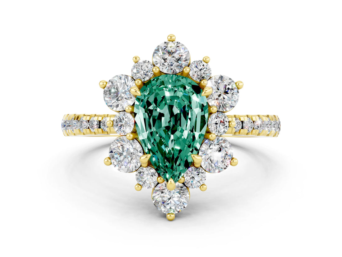 Yellow gold Pear Cut Cut Diamond Floral Halo Pave Band with Prong Setting