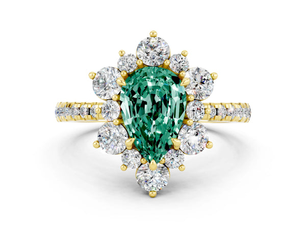 Yellow gold Pear Cut Green Sapphire Floral Halo Ring with Round Pavé Band and Prong Setting