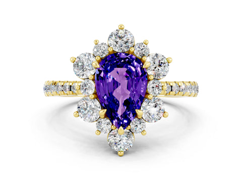Yellow gold Pear Cut Cut Diamond Floral Halo Pave Band with Prong Setting