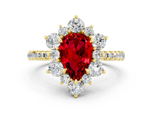 Yellow gold Pear Cut Ruby Floral Halo Ring with Round Pavé Band and Prong Setting