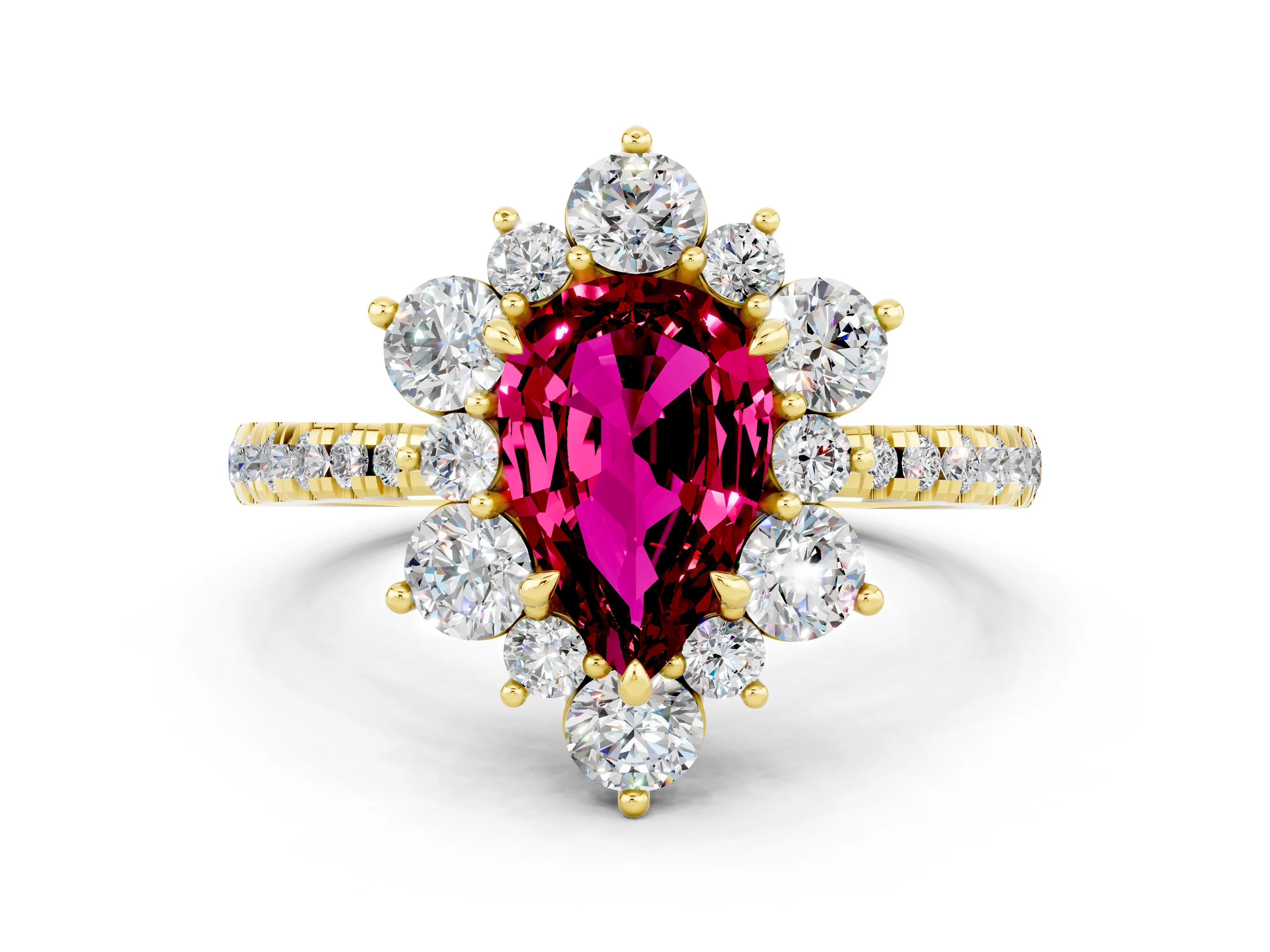 Yellow gold Pear Cut Cut Diamond Floral Halo Pave Band with Prong Setting