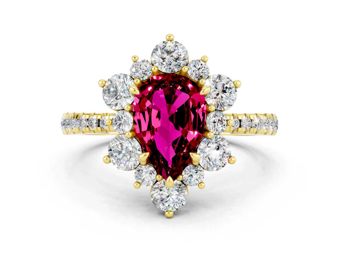 Yellow gold Pear Cut Cut Diamond Floral Halo Pave Band with Prong Setting