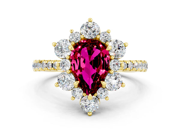 Yellow gold Pear Cut Garnet Floral Halo Ring with Round Pavé Band and Prong Setting