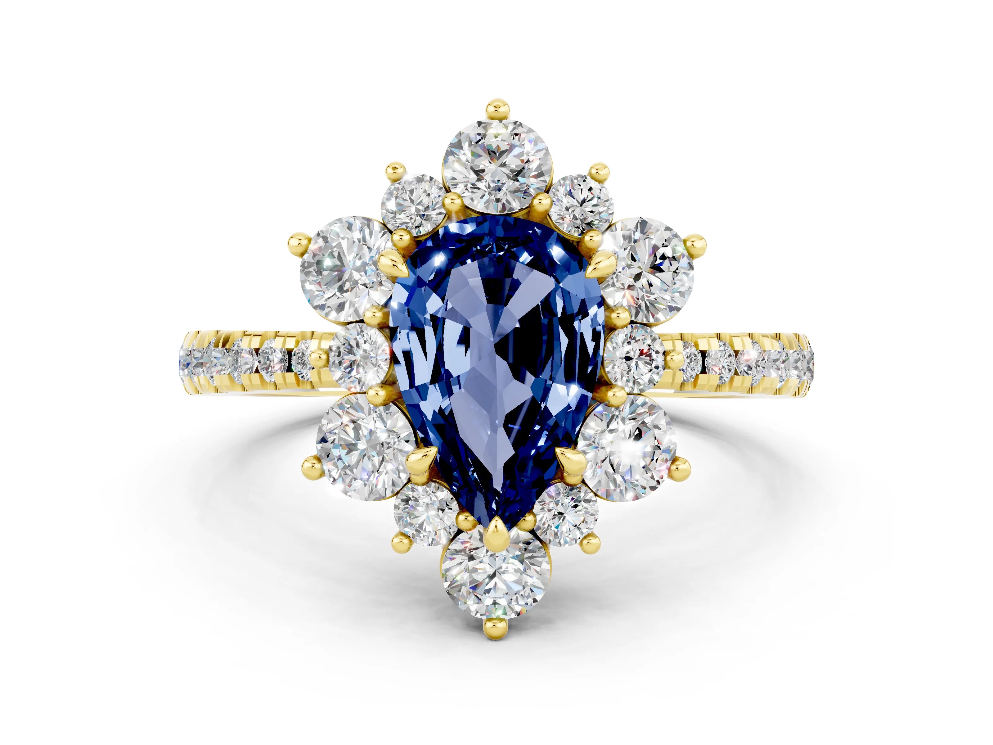 Yellow gold Pear Cut Cut Diamond Floral Halo Pave Band with Prong Setting