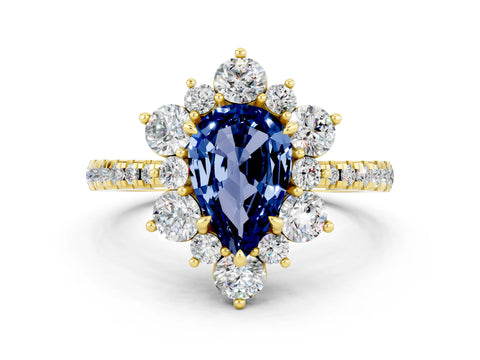 Yellow gold Pear Cut Cut Diamond Floral Halo Pave Band with Prong Setting