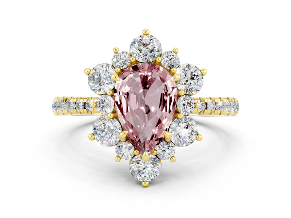 Yellow gold Pear Cut Cut Diamond Floral Halo Pave Band with Prong Setting