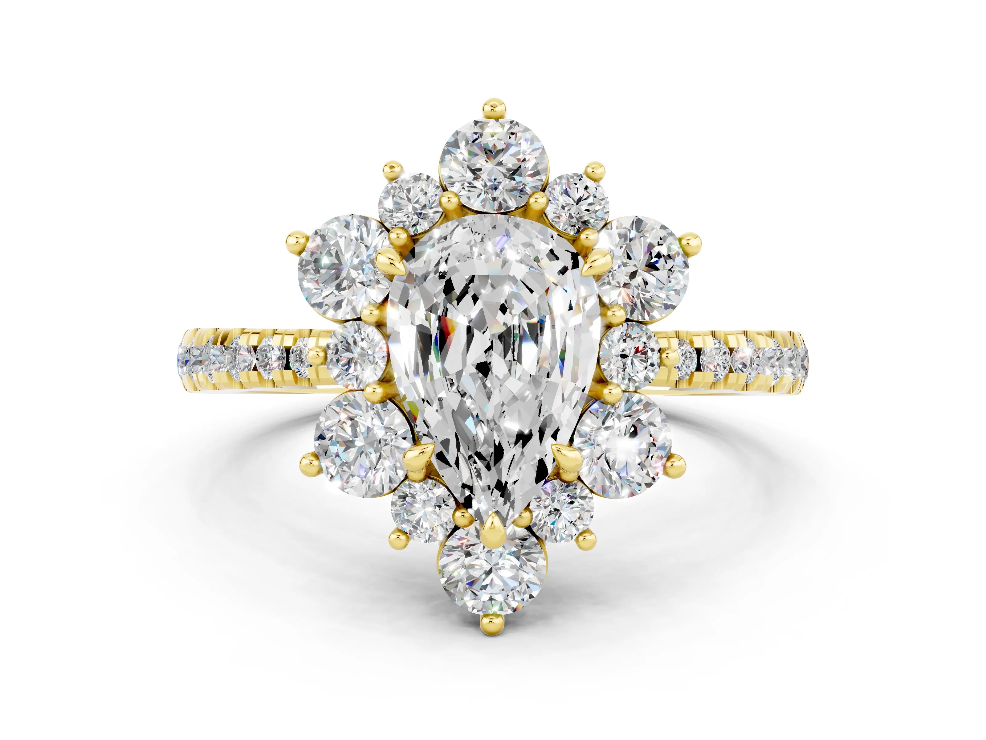 Yellow gold Pear Cut Cut Diamond Floral Halo Pave Band with Prong Setting