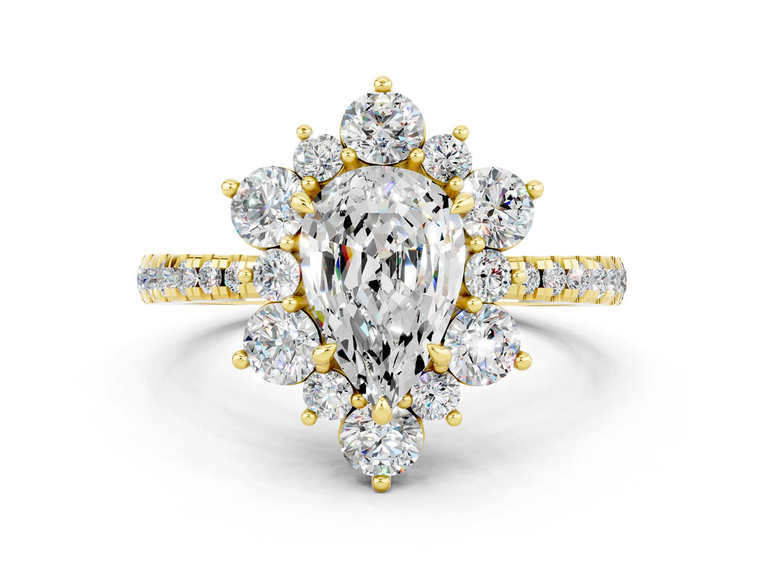 Yellow gold Pear Cut Cut Diamond Floral Halo Pave Band with Prong Setting