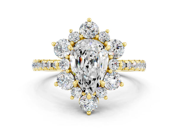 Yellow gold Pear Cut Moissanite Floral Halo Ring with Round Pavé Band and Prong Setting