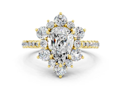 Yellow gold Pear Cut Cut Diamond Floral Halo Pave Band with Prong Setting
