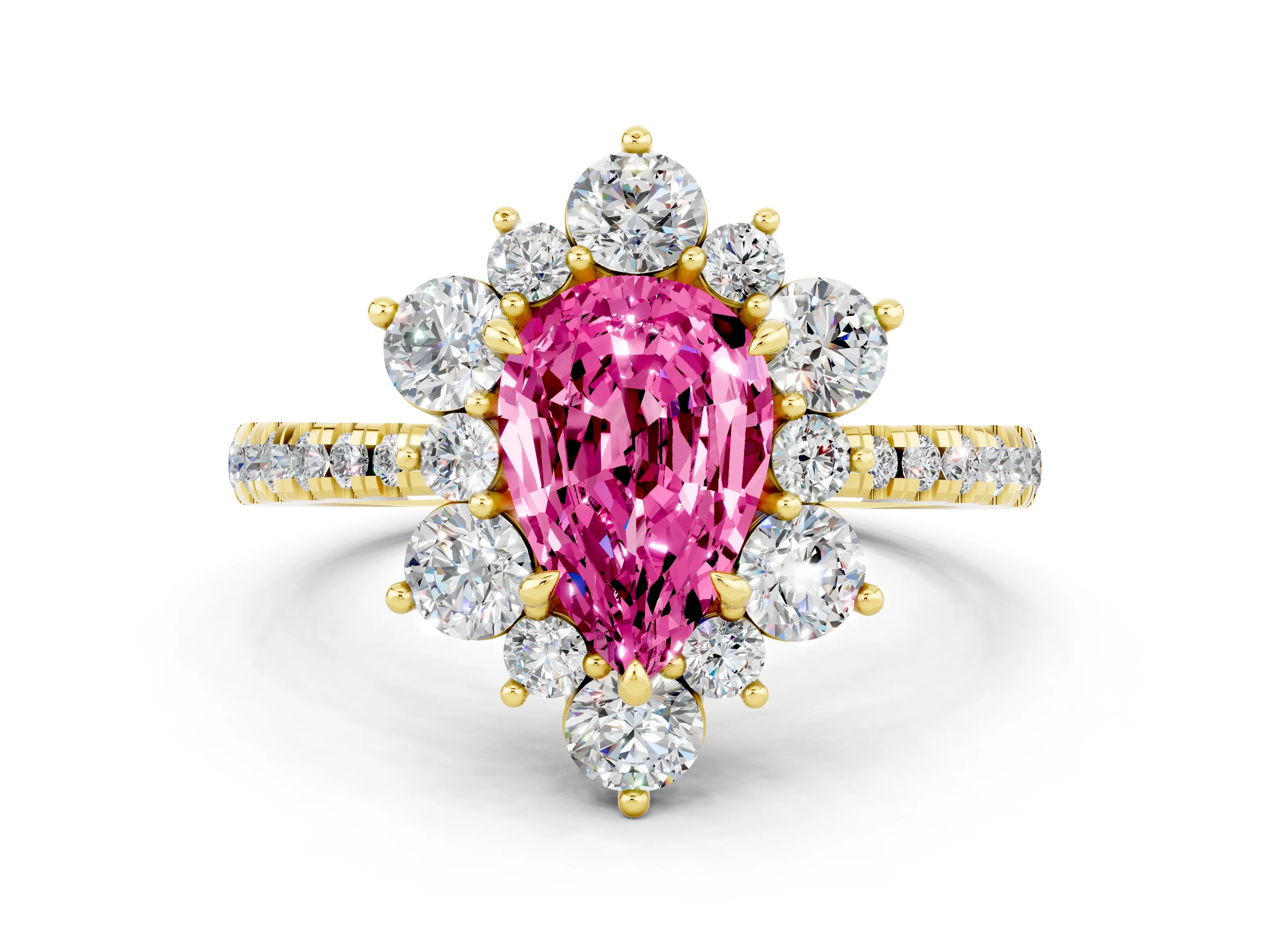 Yellow gold Pear Cut Cut Diamond Floral Halo Pave Band with Prong Setting