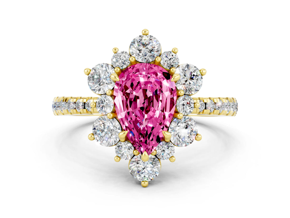 Yellow gold Pear Cut Cut Diamond Floral Halo Pave Band with Prong Setting