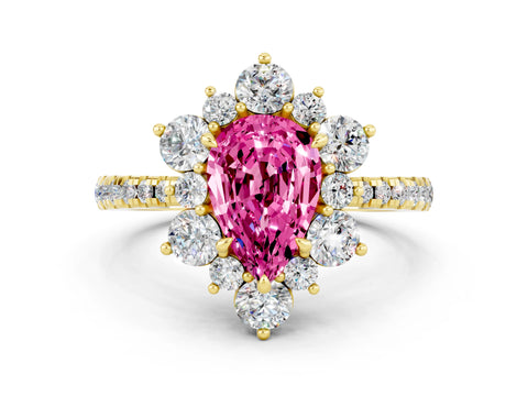 Yellow gold Pear Cut Cut Diamond Floral Halo Pave Band with Prong Setting