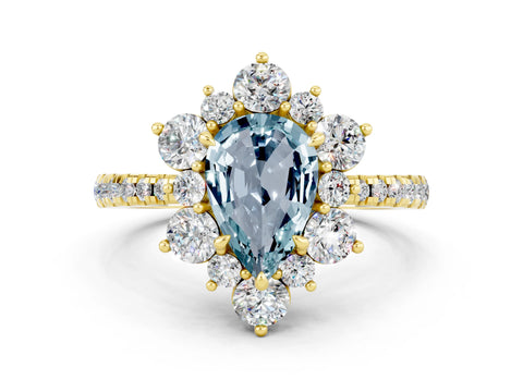 Yellow gold Pear Cut Cut Diamond Floral Halo Pave Band with Prong Setting