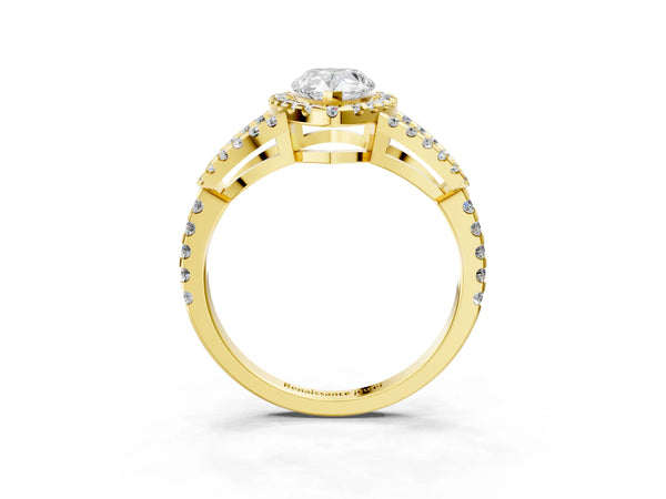 Yellow Gold Pear-Shaped Split Shank Pave Halo Engagement Ring Setting