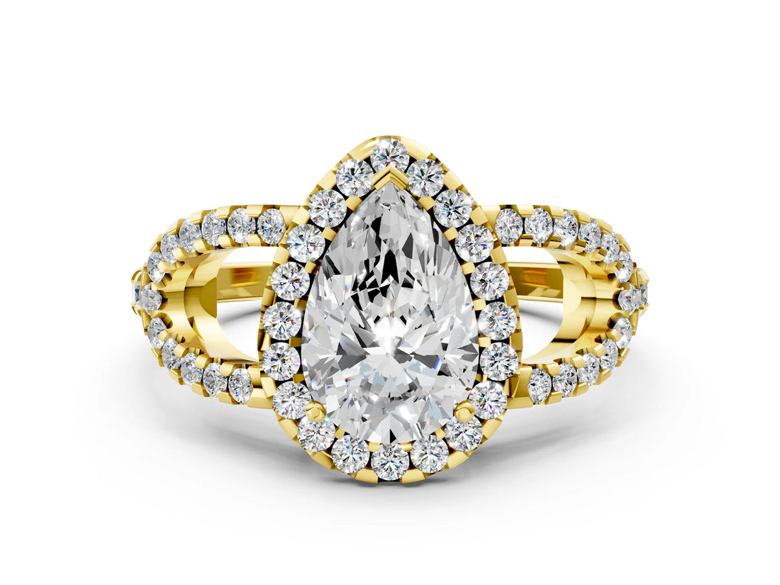 Yellow gold Pear Cut Cut Diamond Halo Engagement Ring with Open Split Pavé Band_9