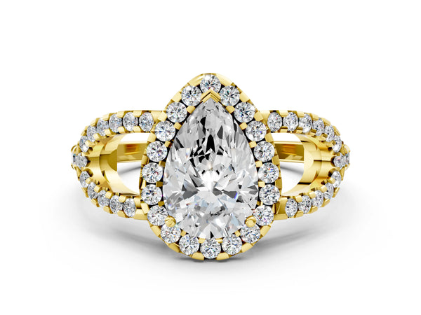 Yellow Gold Pear-Shaped Split Shank Pave Halo Engagement Ring Setting
