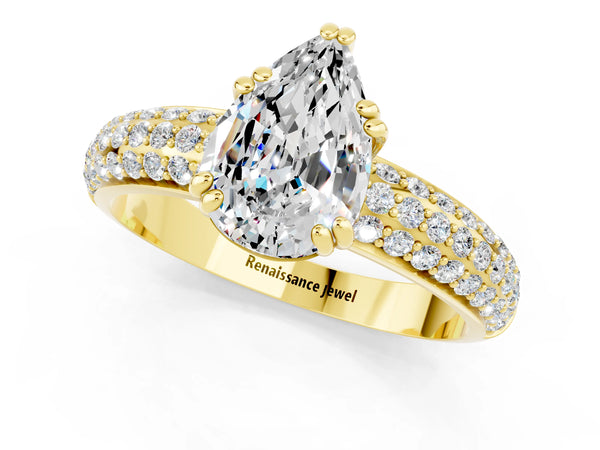 Yellow gold Pear Cut Moissanite Vintage Milgrain Ring with Round  Stations