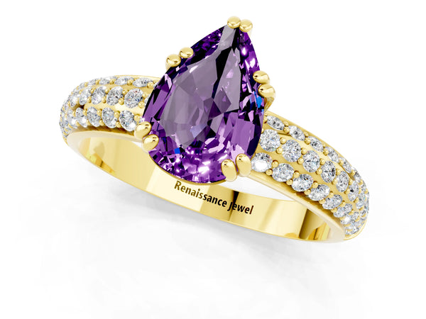 Yellow gold Pear Cut Amethyst Vintage Milgrain Ring with Round  Stations