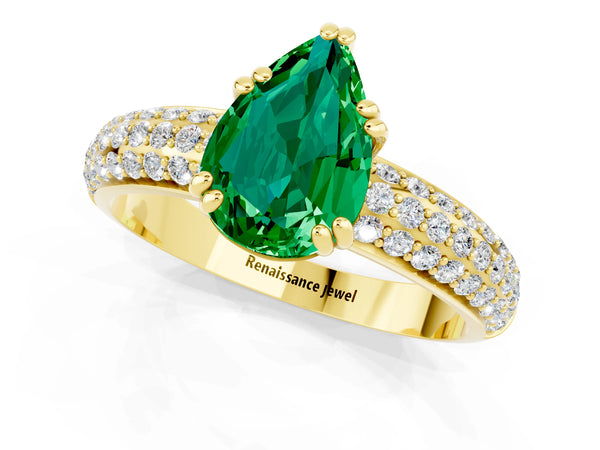 Yellow gold Pear Cut Emerald Vintage Milgrain Ring with Round  Stations