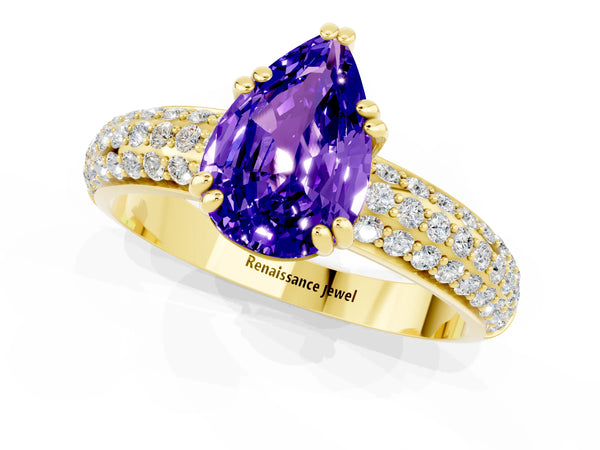 Yellow gold Pear Cut Tanzanite Vintage Milgrain Ring with Round  Stations