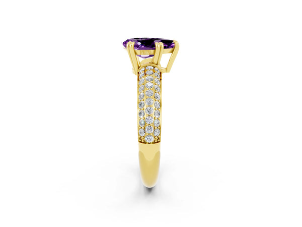 Yellow gold Pear Cut Amethyst Vintage Milgrain Ring with Round  Stations
