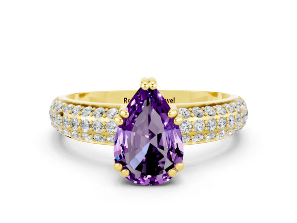 Yellow gold Pear Cut Amethyst Vintage Milgrain Ring with Round  Stations