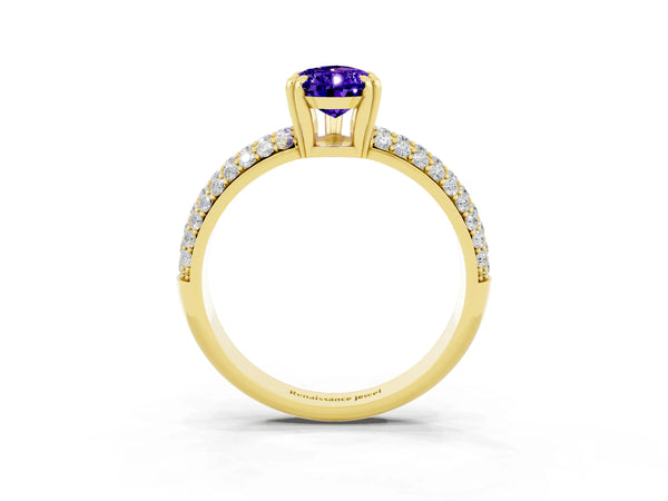 Yellow gold Pear Cut Tanzanite Vintage Milgrain Ring with Round  Stations