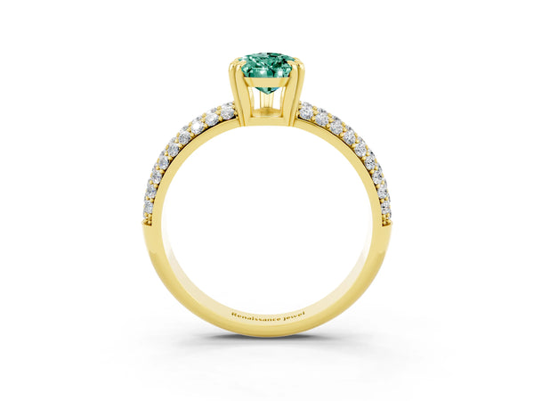Yellow gold Pear Cut Green Sapphire Vintage Milgrain Ring with Round  Stations