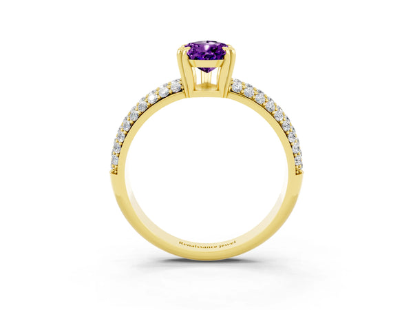 Yellow gold Pear Cut Amethyst Vintage Milgrain Ring with Round  Stations