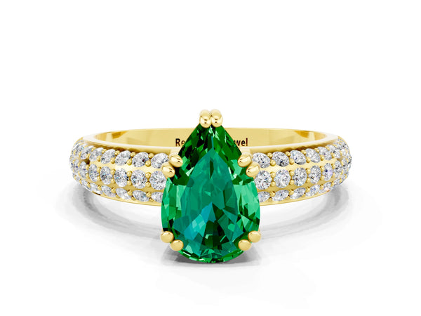 Yellow gold Pear Cut Emerald Vintage Milgrain Ring with Round  Stations