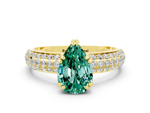 Yellow gold Pear Cut Green Sapphire Vintage Milgrain Ring with Round  Stations