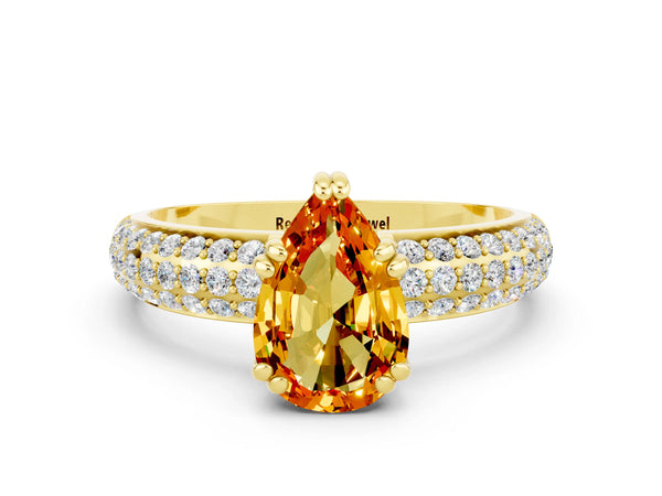 Yellow gold Pear Cut Citrine Vintage Milgrain Ring with Round  Stations