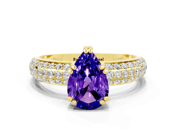 Yellow gold Pear Cut Tanzanite Vintage Milgrain Ring with Round  Stations